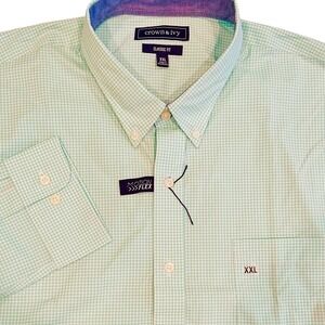 Crown & Ivy Classic Fit Striped Poplin Button Down Shirt‎ Men's XXL Green Plaid